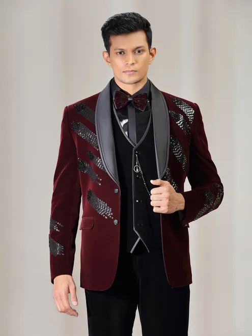 Maroon reception wear coat suit in velvet