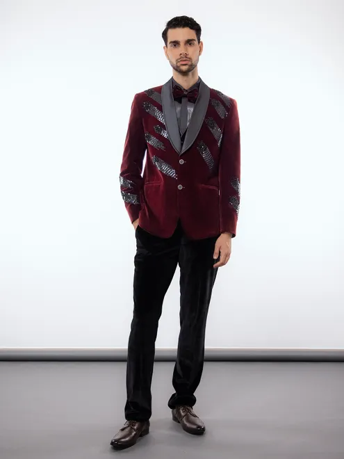 Maroon reception wear velvet coat suit in shawl lapel collar