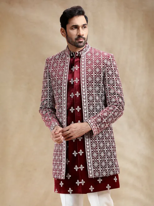 Maroon reception wear velvet indowestern set for men