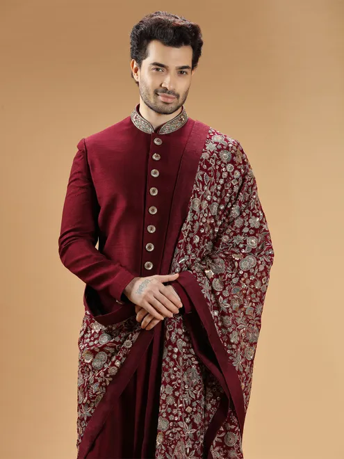 Maroon rich raw silk sherwani