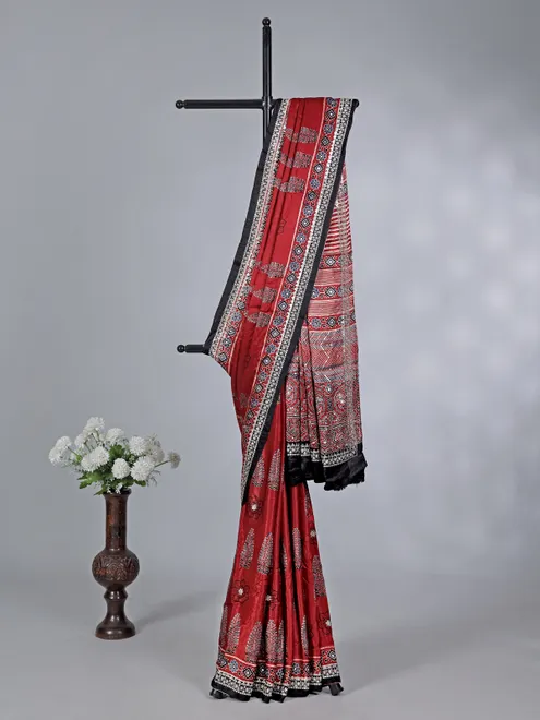 Maroon satin silk wedding wear saree