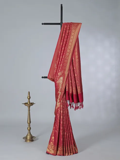 Maroon semi kanjivaram silk zari work saree