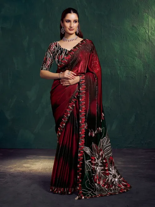 Maroon shaded satin silk party saree