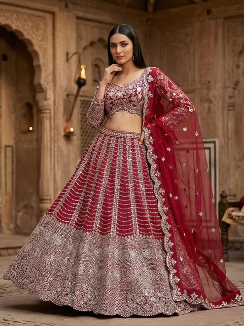 Maroon silk bridal embellished lehenga choli with dupatta