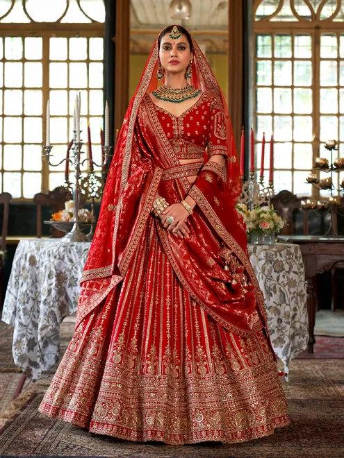 Maroon silk bridal lehenga choli with beads detailing
