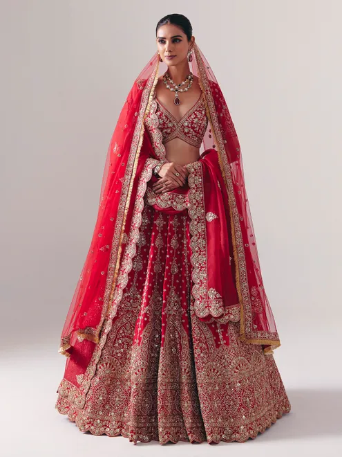 Maroon silk bridal lehenga choli with resham detailing