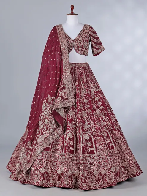 Maroon silk bridal lehenga with pearl detailing