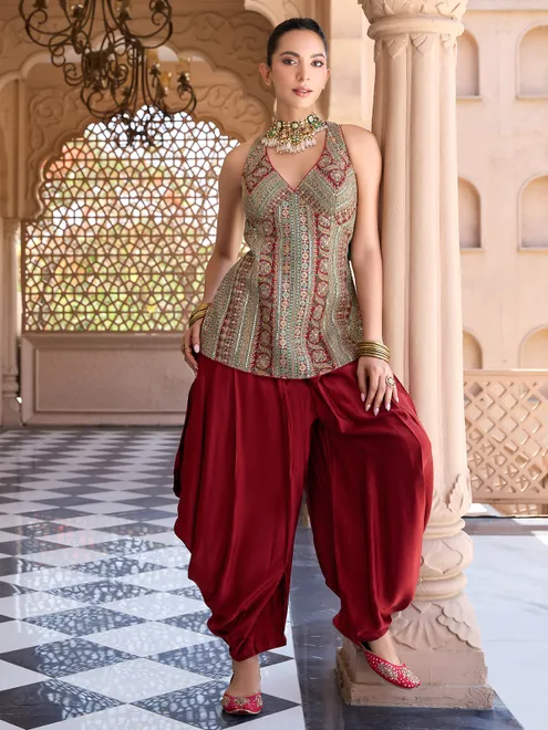 Maroon silk dhoti suit for women wedding wear