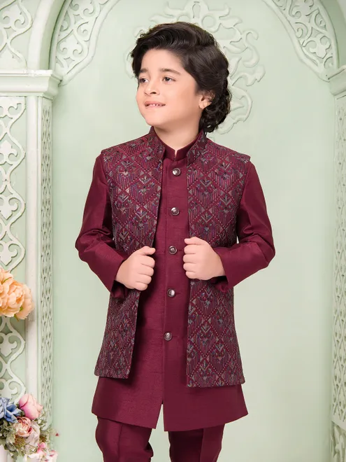 Maroon silk embroidered indo western set