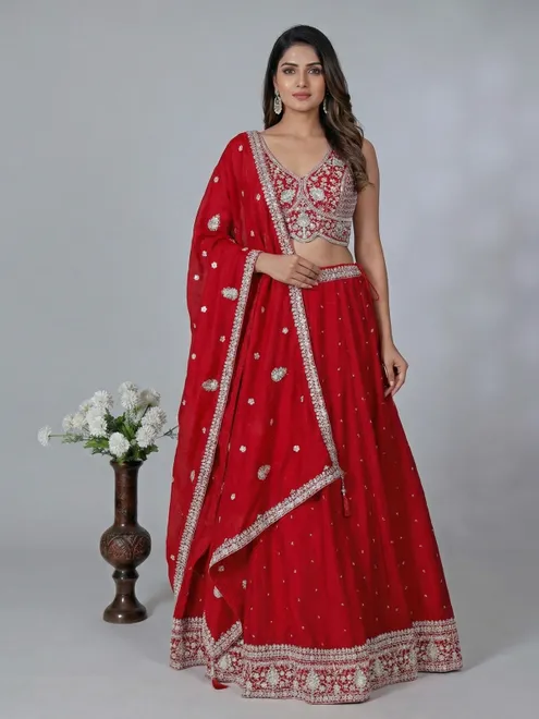 Maroon silk embroidered lehenga choli with dupatta