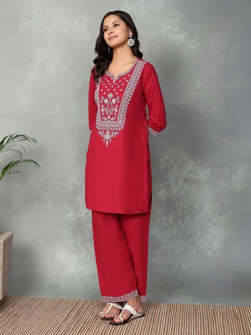 Maroon silk embroidered yoke style palazzo set