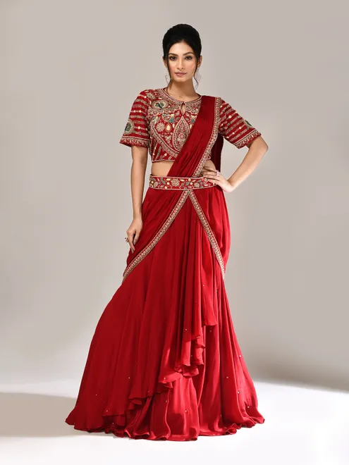 Maroon silk keyhole neck designer lehenga choli