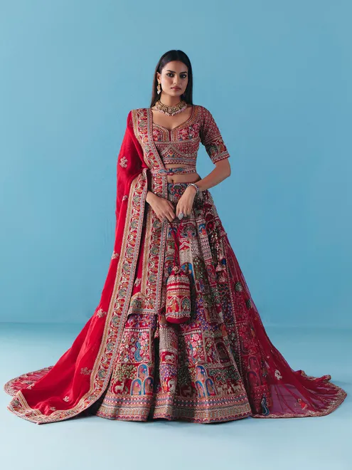 Maroon silk lehenga choli with zardosi diamond grandeur