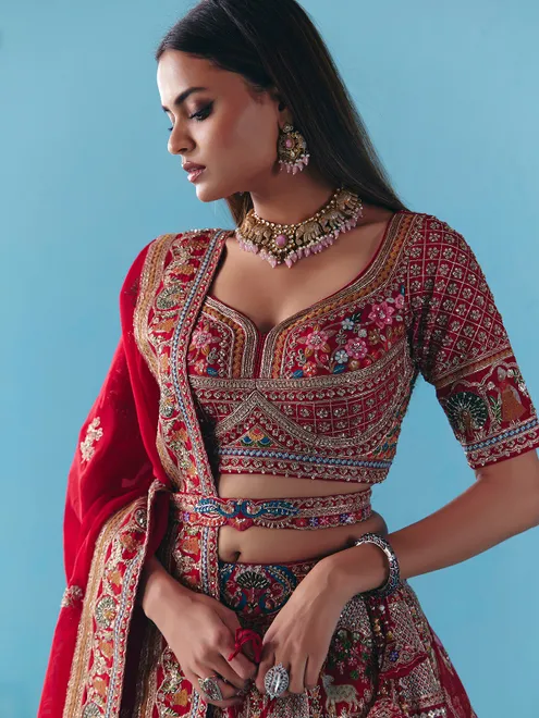 Maroon silk lehenga choli with zardosi diamond grandeur