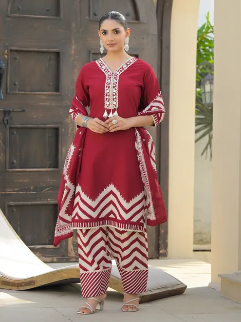 Maroon silk mirror work kurti set