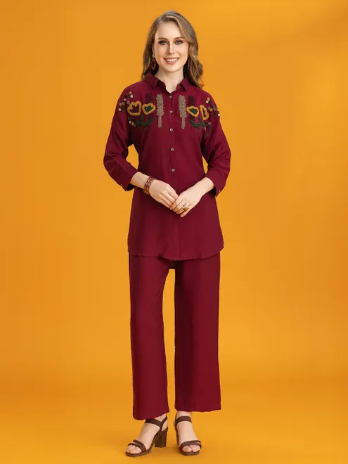 Maroon silk palazzo co-ord set for casual wear