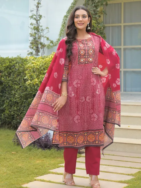 Maroon silk printed kurti set with dupatta