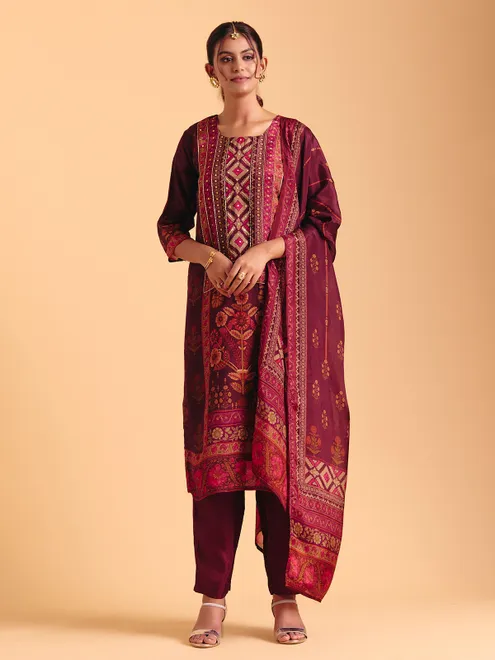 Maroon silk printed salwar suit with dupatta