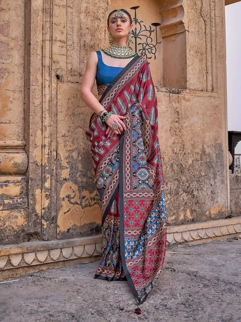 Maroon silk printed saree with unstitched blouse
