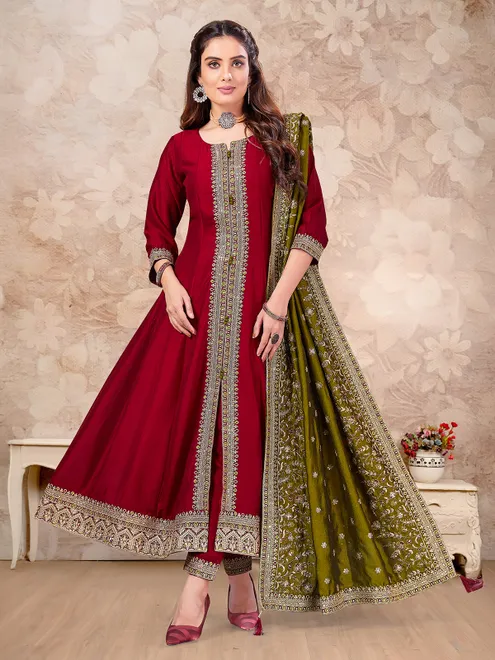 Maroon silk resham embellished salwar suit