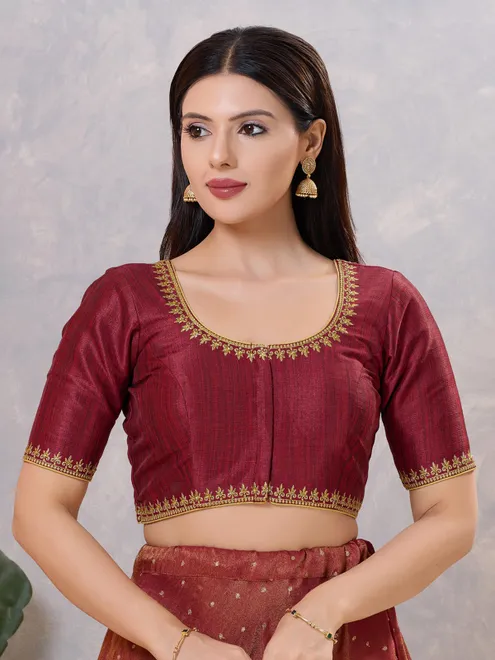 Maroon silk resham work and front open blouse