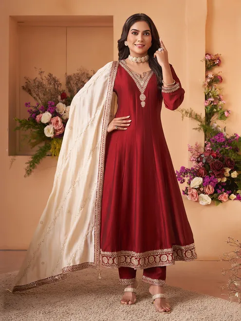 Maroon silk salwar suit with dupatta set