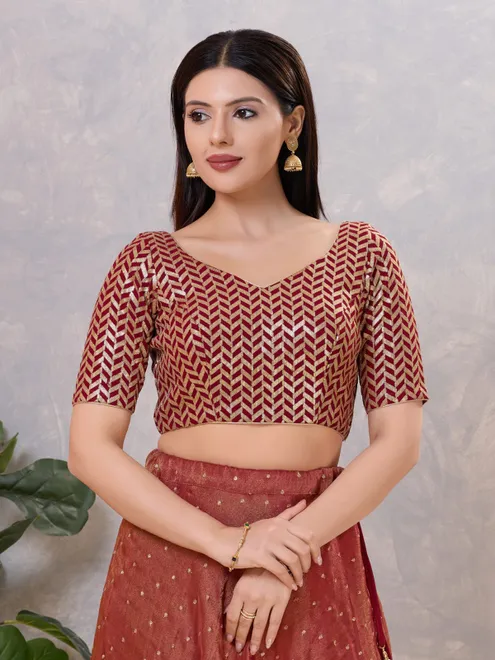 Maroon silk sequin work and sweetheart neck blouse