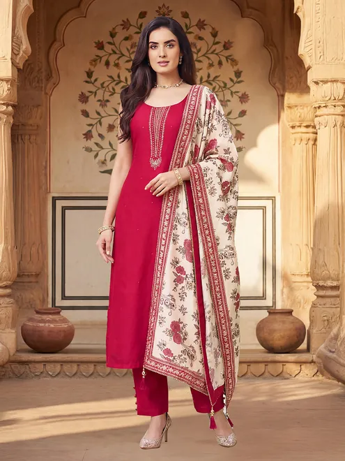 Maroon silk straight salwar suit with rich zardosi work