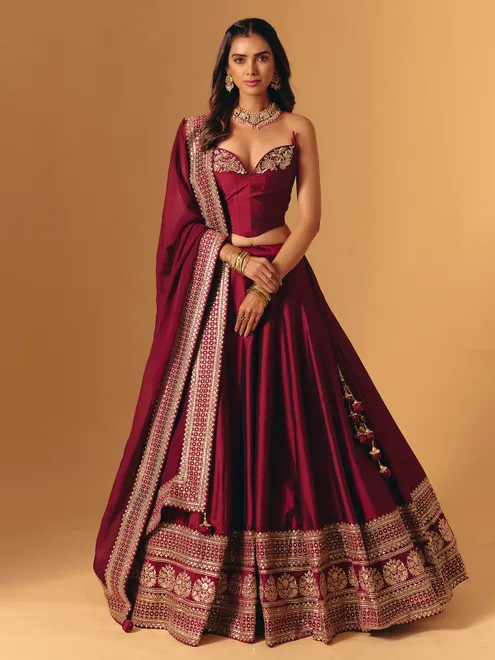 Maroon silk zardosi designer bridal lehenga choli