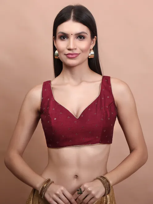 Maroon silk zari weaving sweetheart neck blouse