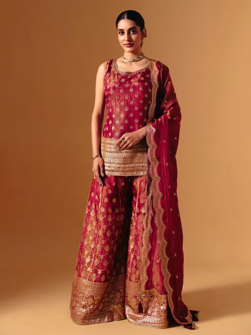 Maroon silk zari work palazzo suit