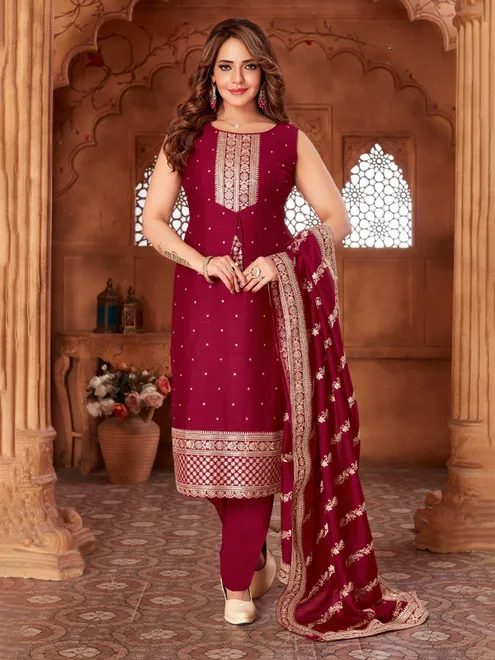 Maroon straight cut silk salwar suit with dupatta