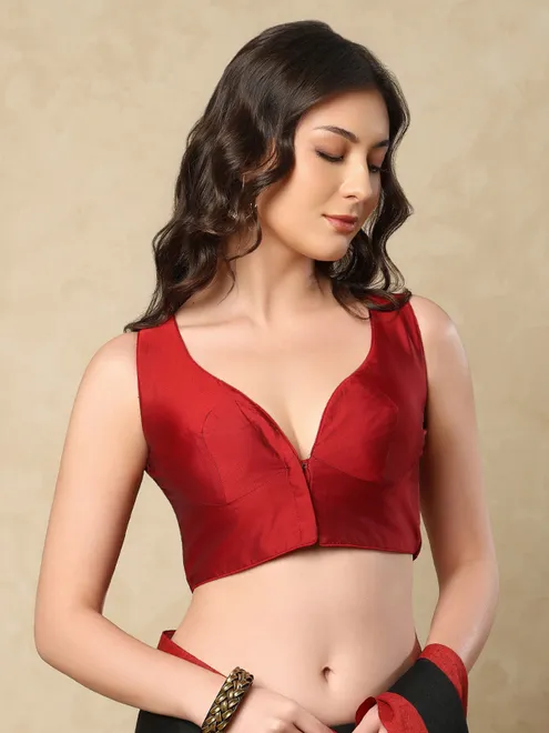 Maroon taffeta sweetheart neck front open blouse