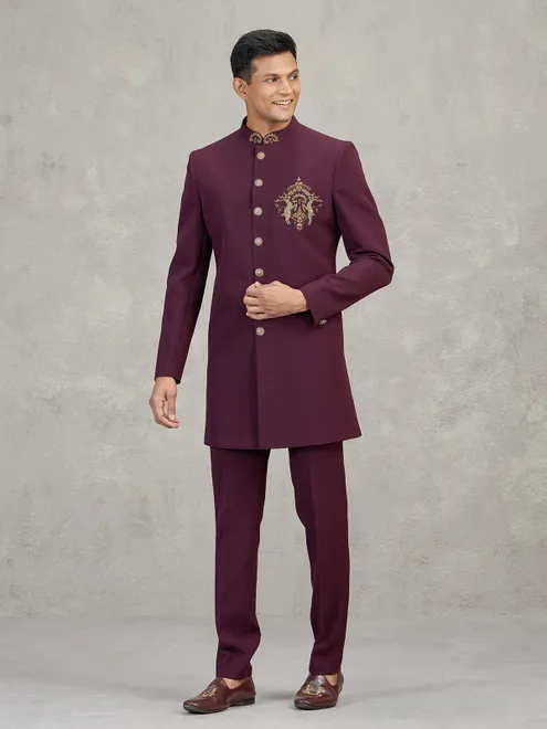 Maroon terry rayon elegant reception indowestern set
