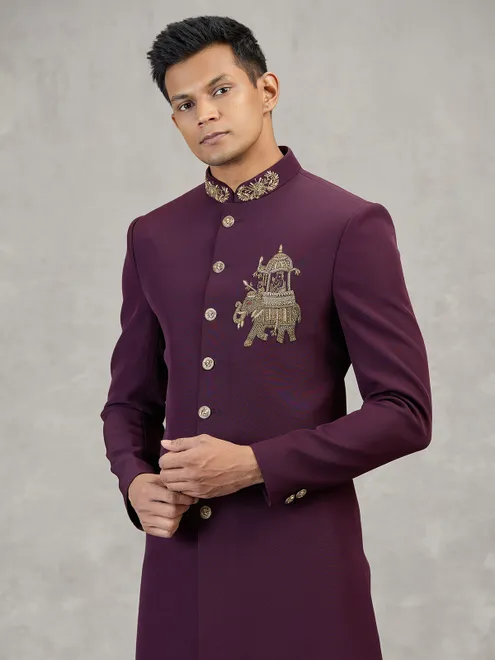 Maroon terry rayon embellished festive indowestern set