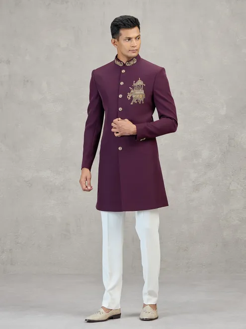 Maroon terry rayon embellished festive indowestern set