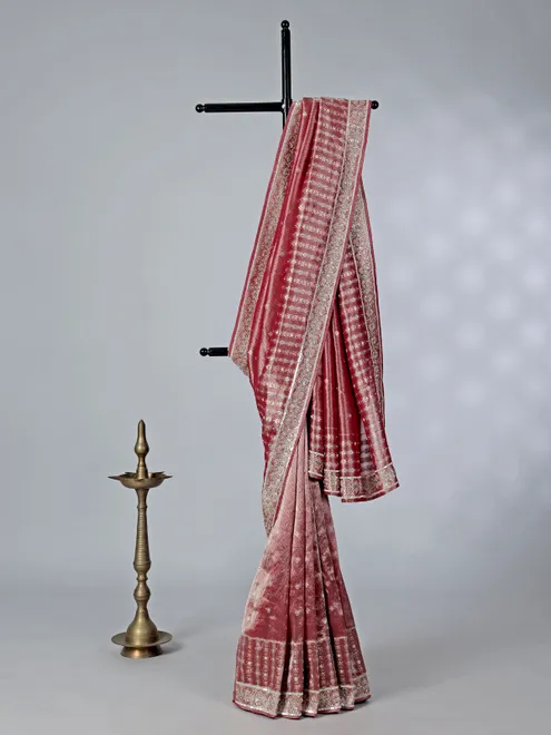 Maroon tissue saree with zardosi and cutdana work
