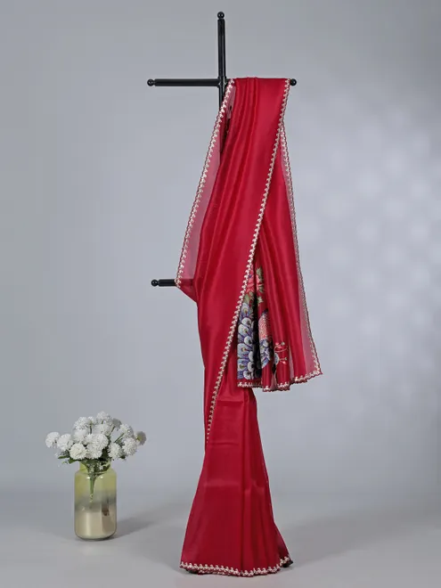 Maroon tissue silk saree with embroidered peacock motifs