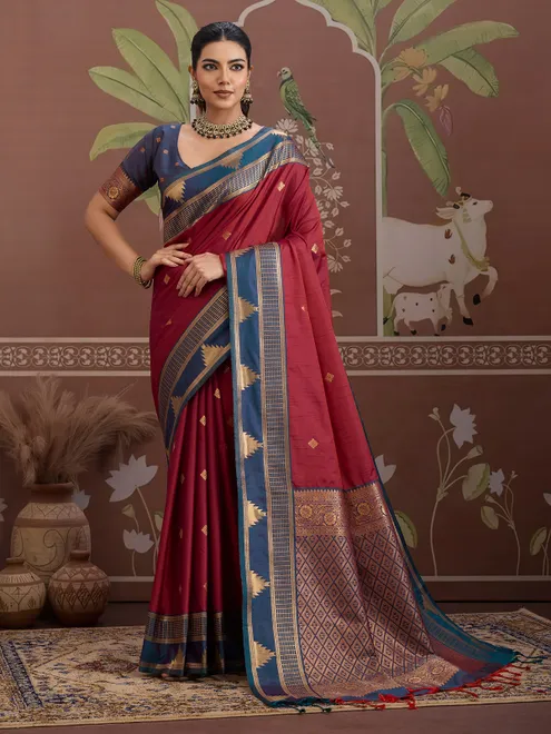 Maroon tussar silk saree with zari weaving