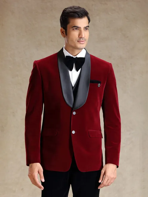Maroon velvet 5 pcs tuxedo suit for reception