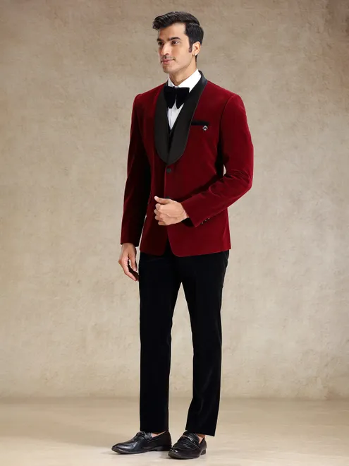 Maroon velvet 5 pcs tuxedo suit for reception