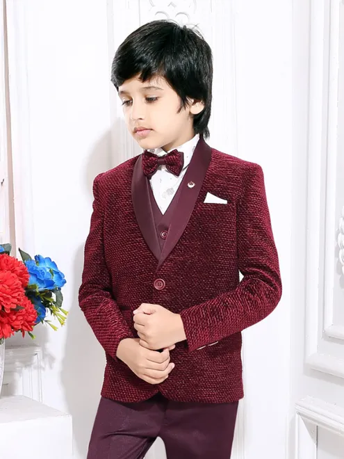 Maroon velvet reception wear coat suit for boys