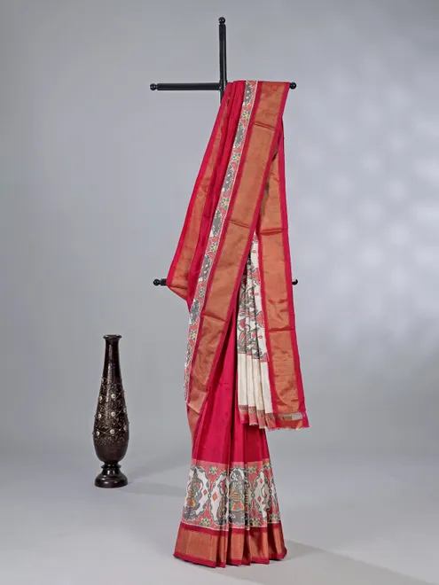 Maroon white zari weaving patola silk saree for wedding