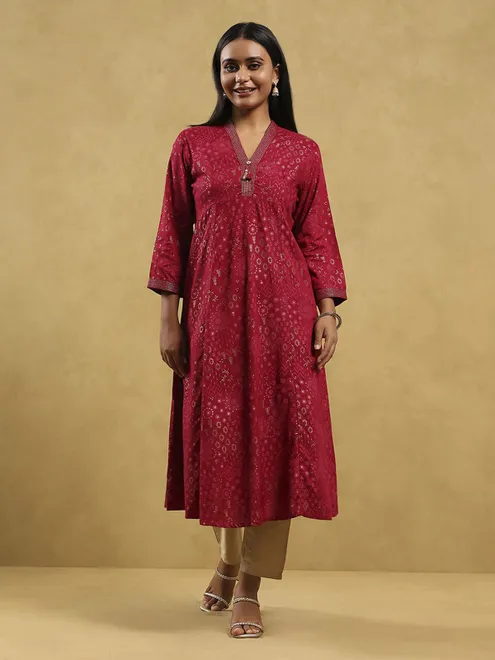 Maroon women cotton silk kurti with print