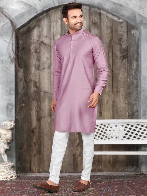 Mauve pink plain silk  Men Kurta pajama