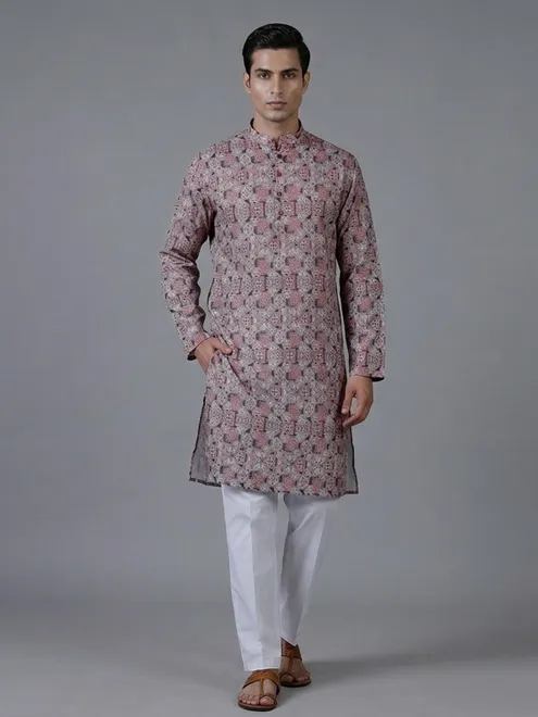 Mauve purple cotton silk printed festive kurta suit