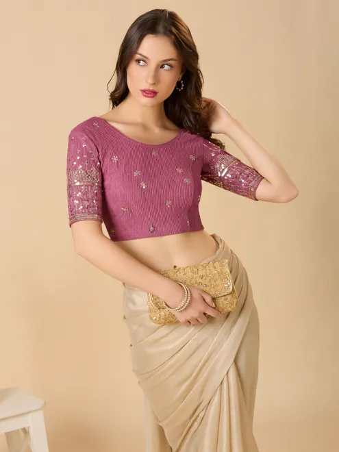 Mauve purple lycra ready made blouse in sequin work