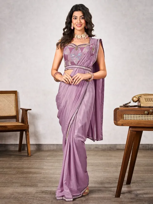 Mauve purple wedding style shimmer georgette saree