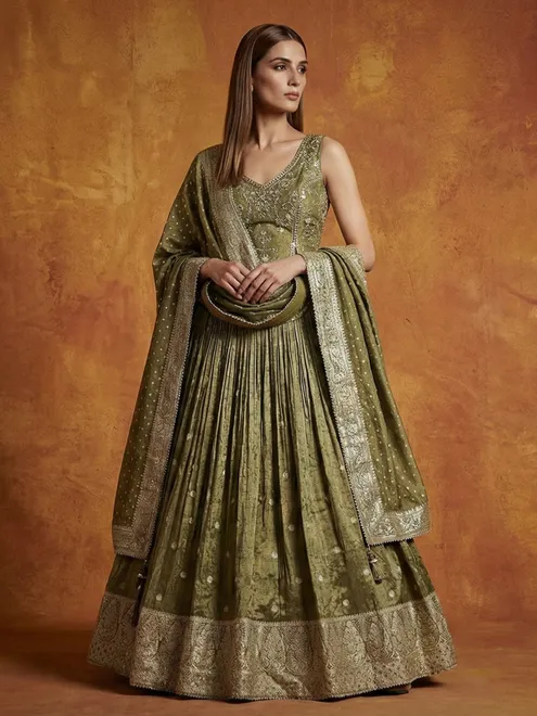 Mehendi green banarasi silk mirror work designer lehenga choli