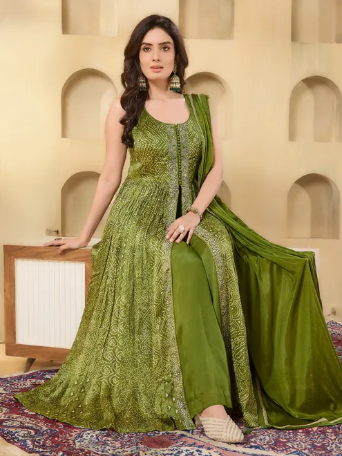 Mehendi green bandhej printed palazzo suit
